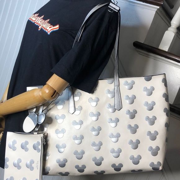 KATE SPADE X Disney Silver Mickey Mouse Embossed Shoulder Bag Tote - Picture 3 of 17